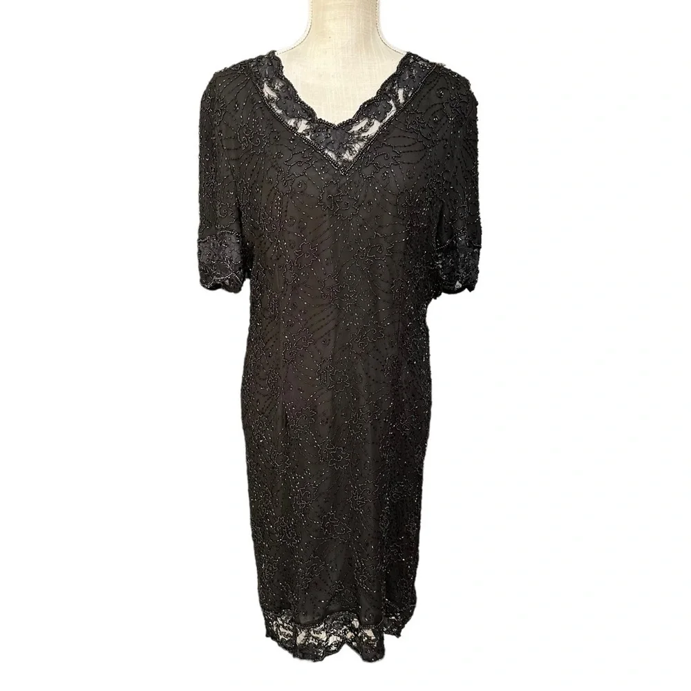 Vintage by Stenay Women's‎ Black Beaded Silk Midi Dress Size: XL